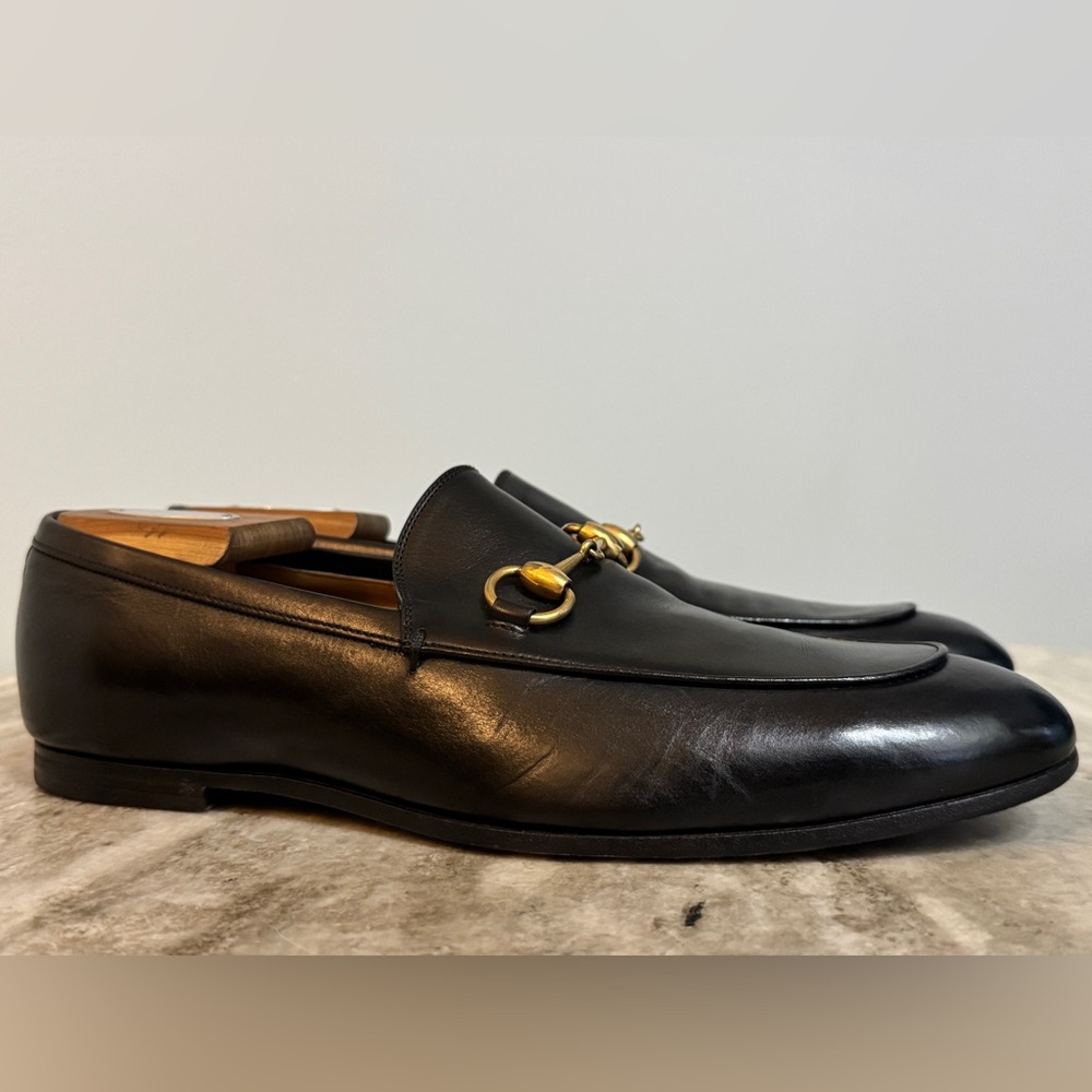 GUCCI BRIXTON Black Leather Horsebit Loafers US 8 Gucci 7.5 Jordaan $1100 - Picture 2 of 12